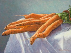 Bunch of Carrots on white linen cloth (2012), oil on linen, 30 x 40 cm - Sold