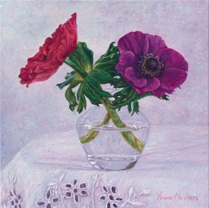 Glass with red and purple anemone, oil on canvas, 30 x 30 cm - Euro 1650