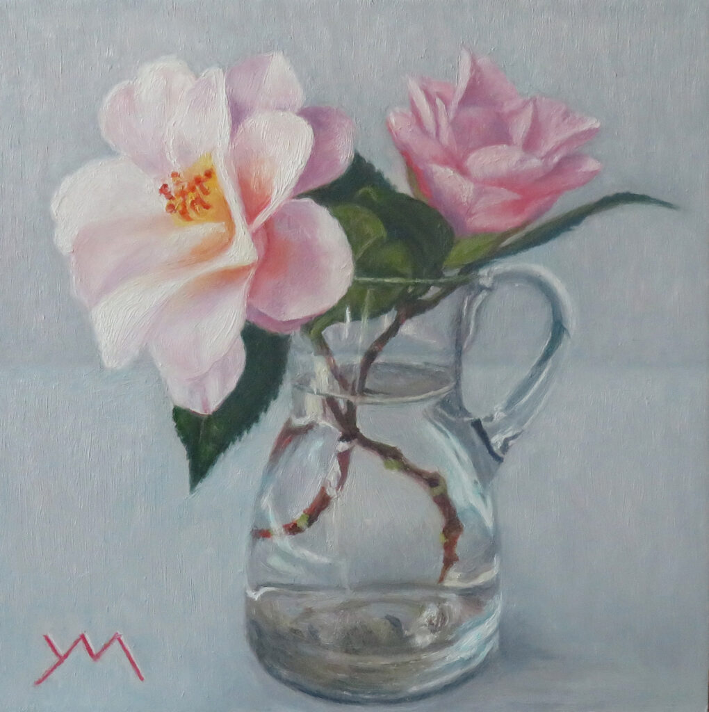 Camellias from my Garden II, oil on panel 14 x 14 cm (2023) - available at Abend Gallery Denver/USA