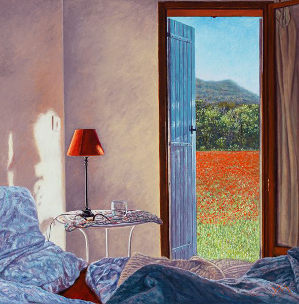 Yvonne Melchers Room with a View/Spring in Provence, oil on linen, 40 x 40 cm - A digitized version of this painting is going to be launched to the moon, see my news page!