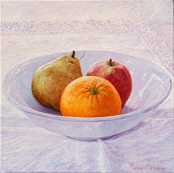 White bowl with apple pear and orange, oil on canvas, 30 x 30 cm (2013) - Sold