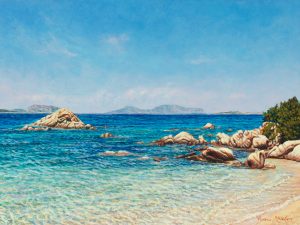 A Cala Ghjlgolu/Mediterranean Blues, acrylisc on panel 30x40cm - available online at Abend Gallery Denver(CO) US$ 1850