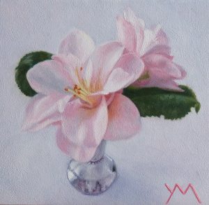 Camelias from my garden. Oil on panel 14 x 14 cm (2020) - Sold
