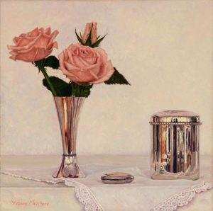 Silver with pink roses, oil on canvas, 30 x 30 cm - Euro 1650